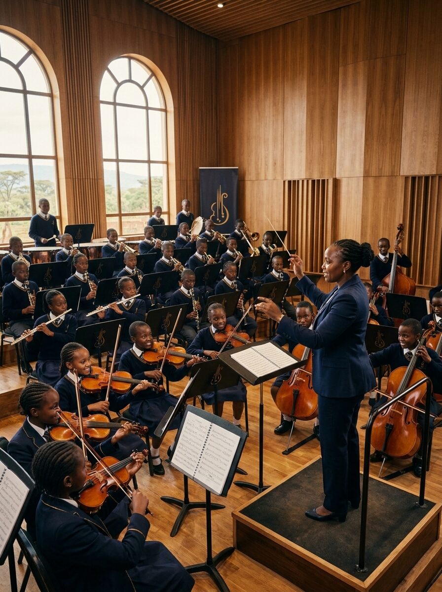 Pamoja Children Orchestra conductor with arched windows