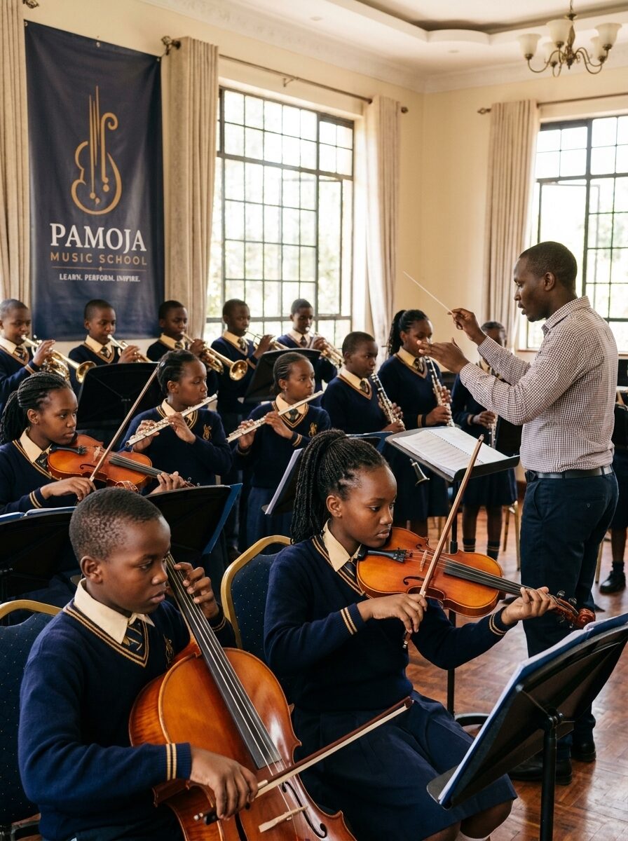 Pamoja Music School conductor with Learn Perform Inspire banner