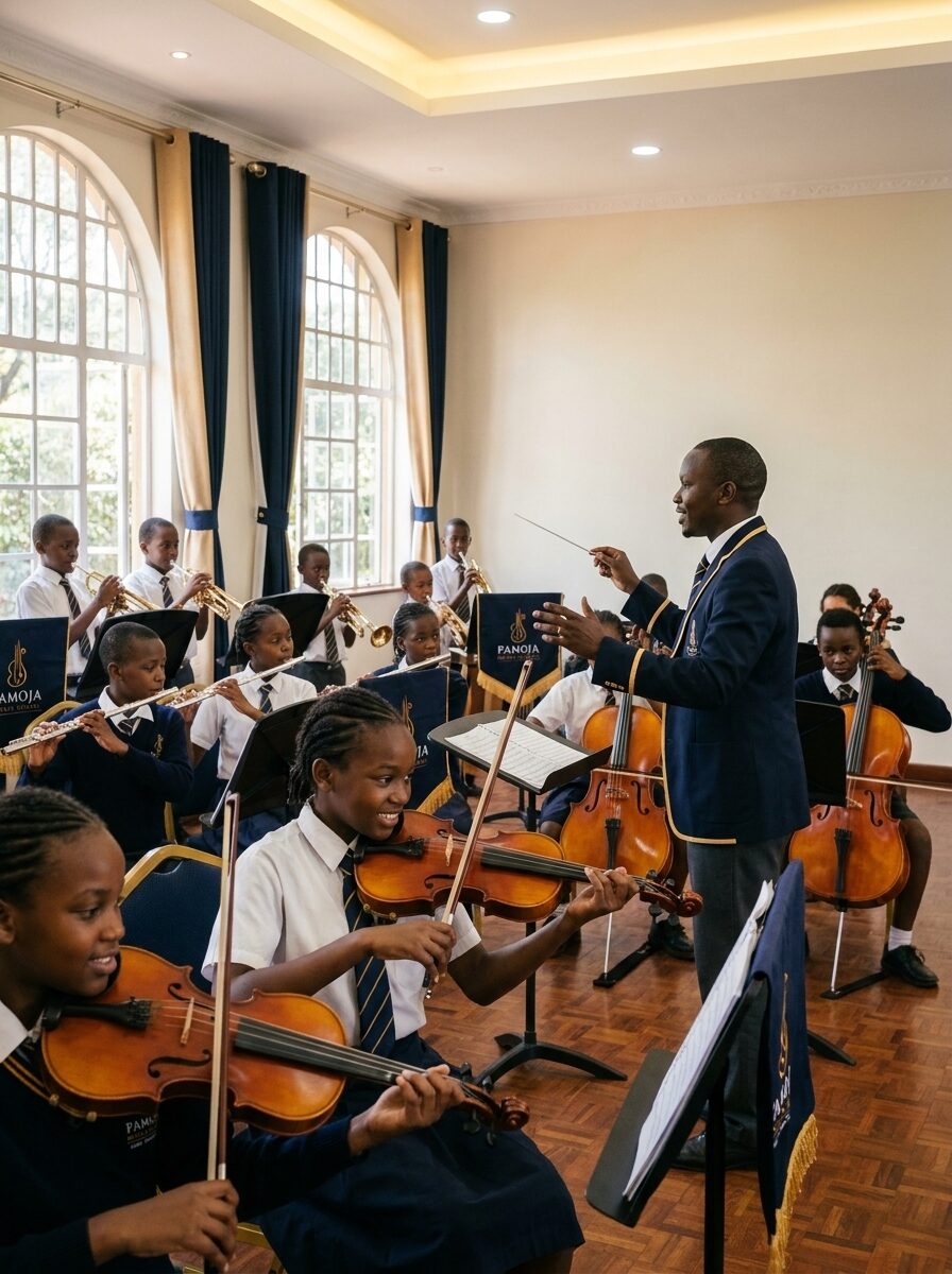 Pamoja Music School conductor in hall with arched windows, navy and gold curtains